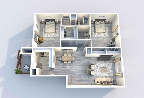 A 3D floor plan of a house with multiple rooms and furniture.
